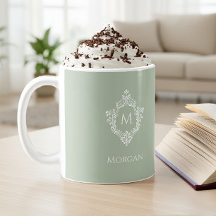 Taza De Café Monograma Verde Salvia Elegante Escudo Vintage Ini