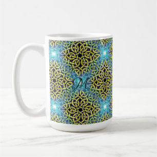 Taza De Café Monograma Victoriano Recorte Dorado Fondo Acuático