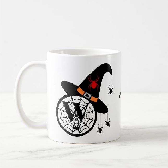 Taza De Café Monograma W Halloween Arañas Brujas Tu Nombre (Izquierda)
