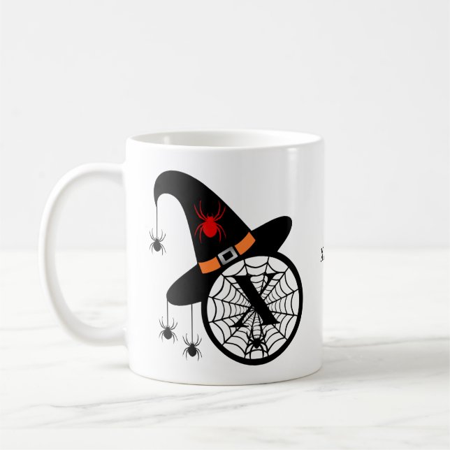 Taza De Café Monograma X Arañas Brujas de Halloween Tu Nombre (Izquierda)