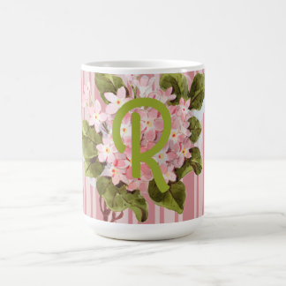 Taza De Café Monograma y flores sobre rayas rosadas