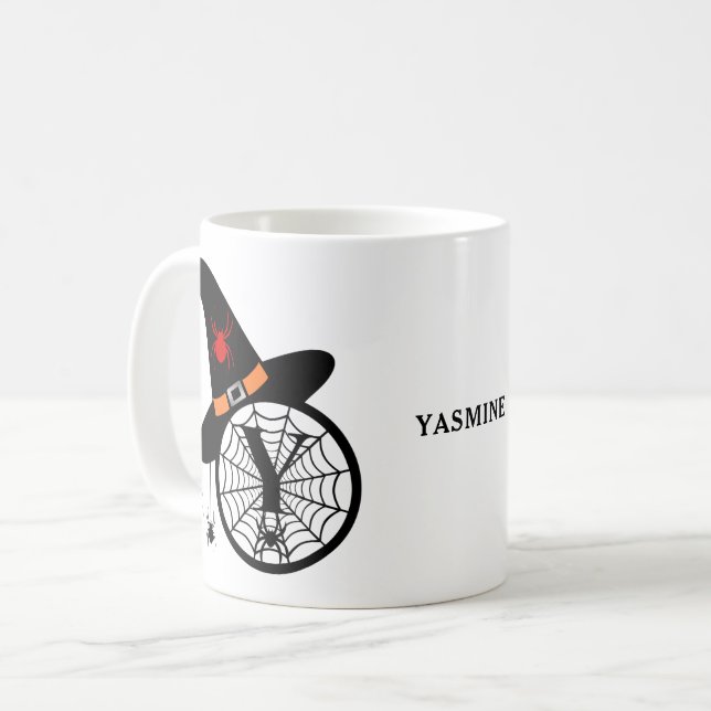 Taza De Café Monograma Y Halloween Arañas Brujas Tu Nombre (Anverso izquierdo)