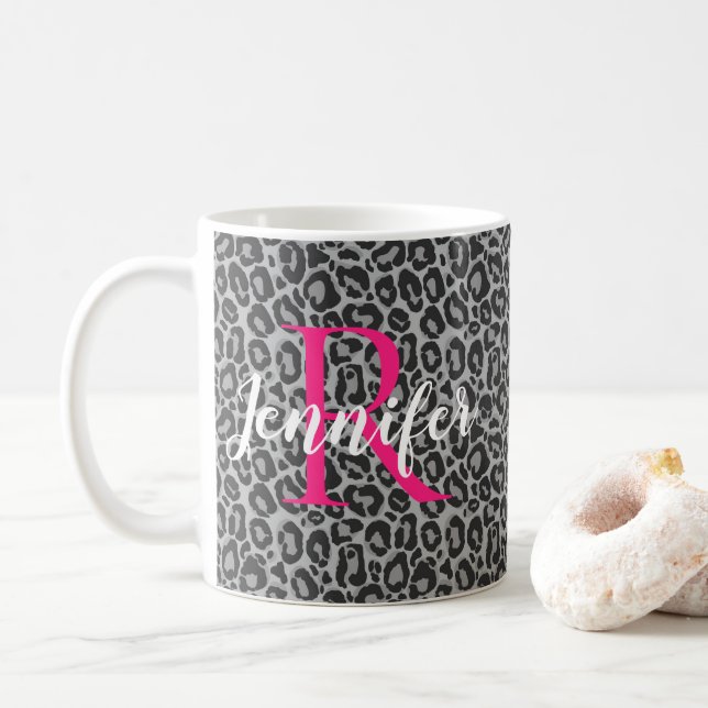 Taza De Café Monograma y nombre de Leopardo Personalizado (Con donut)
