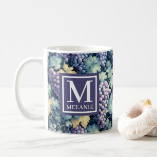 Taza De Café Monograma y nombre del patrón de uva de cosecha