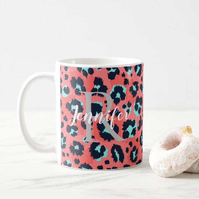 Taza De Café Monograma y nombre personalizados de leopardo rosa (Con donut)