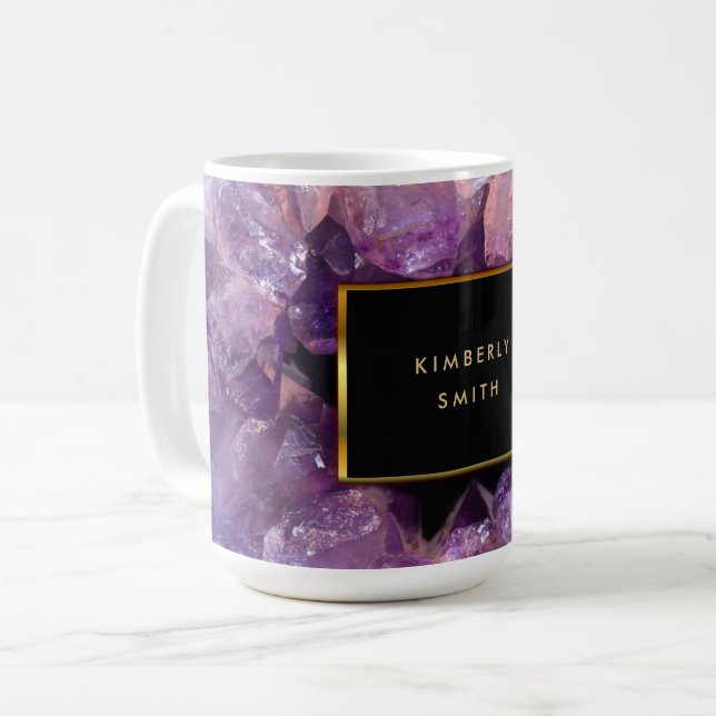 Taza De Café Monogramación de gemas de amatista morado de estil (Anverso izquierdo)