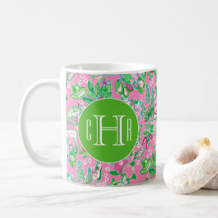 Taza De Café Monogramación del patrón de adormidera rosa y verd