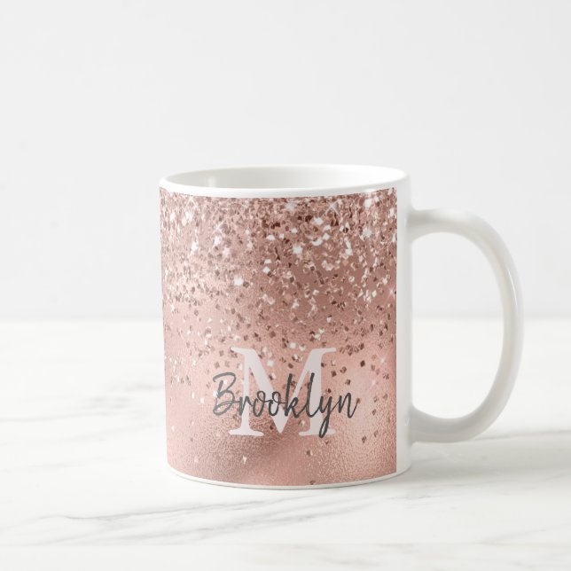Taza De Café Monogramado Confetti, Purpurina de oro Rosa modern (Derecha)
