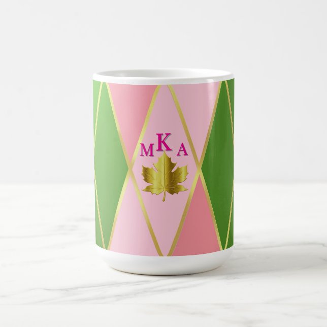Taza De Café Monogramado de arglos rosados y verdes de moda (Centro)