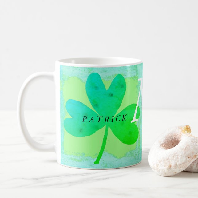 Taza De Café Monogramado de Green Lucky Three Leaf Clover (Con donut)