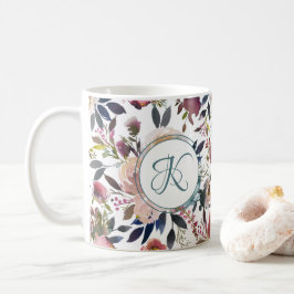 Taza De Café Monogramado de las flores boho color rosa verde