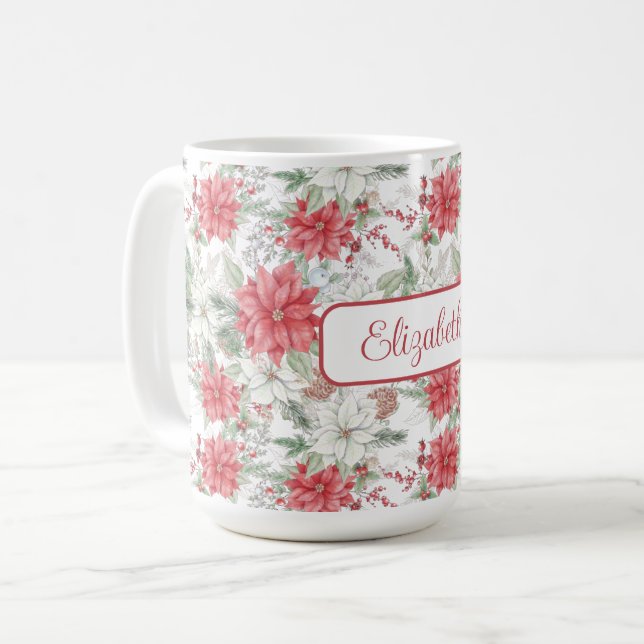 Taza De Café Monogramado de Poinsettias blancas y rojas festiva (Anverso izquierdo)