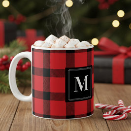 Taza De Café Monogramado de trendy Red and Black Buffalo Plaid