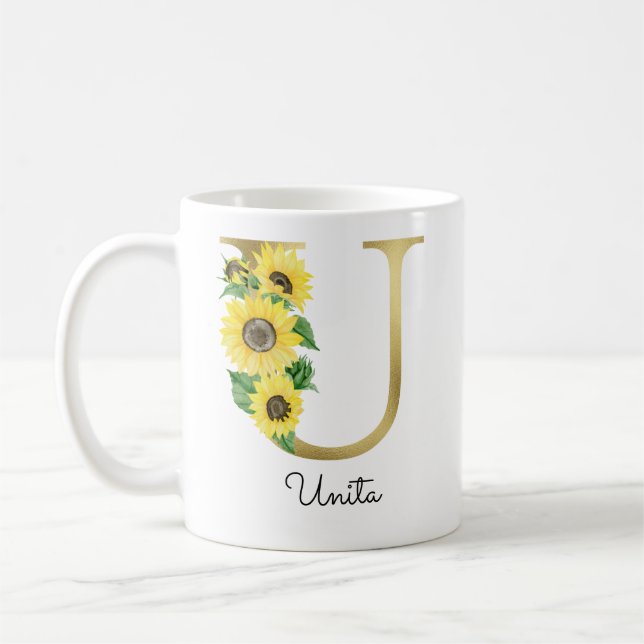 Taza De Café Monogramado Gold Floral de girasol inicial U (Izquierda)
