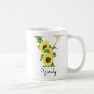 Taza De Café Monogramado Gold Floral de girasol inicial Y