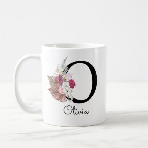 Taza De Café Monogramado Pink Boho Floral Inicial O