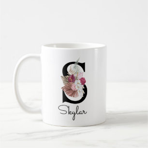 Taza De Café Monogramado Pink Boho Floral Inicial S