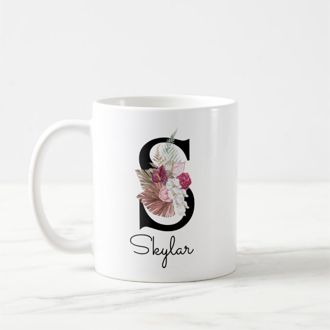 Taza De Café Monogramado Pink Boho Floral Inicial S (Izquierda)