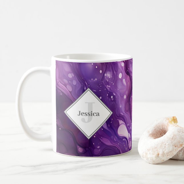 Taza De Café Monogramado Purple Fluid Art Vibrante Purple (Con donut)