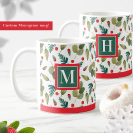 Taza De Café Monogramado, verde festivo y holly, verde rojo