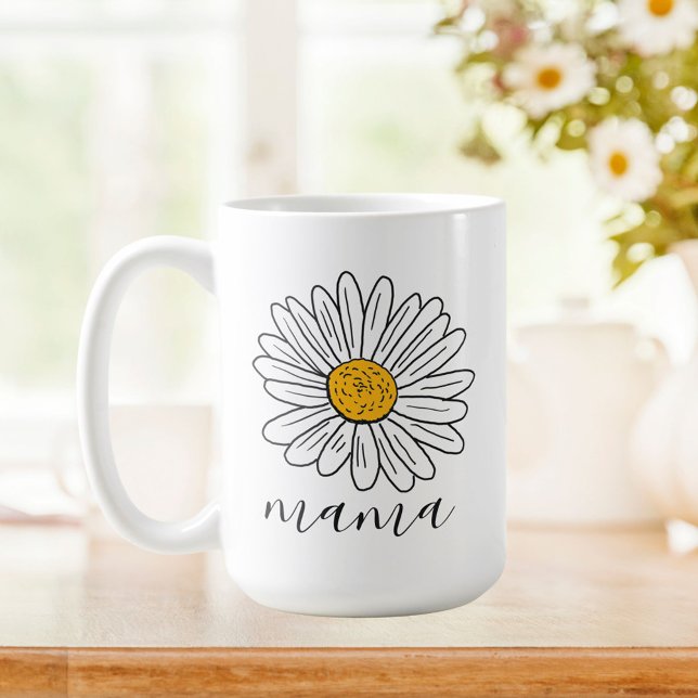 Taza De Café Monogramado White Daisy Floral Doodle Mama (In situ Kitchen table)