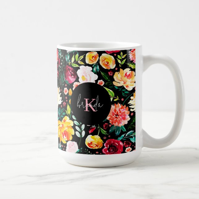 Taza De Café Monogramas del patrón de flores de jardín inglesas (Derecha)