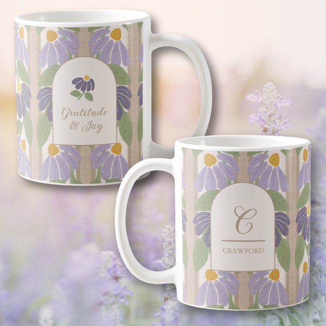 Taza De Café Monogrammed Floral Stripe Mug – Personalized Gift  (Monogrammed Purple Bloom Striped Mug with Custom Inspirational Quote)
