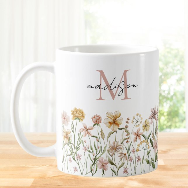 Taza De Café Monogramo Acuarela Flor silvestre pradera floral (In situ)