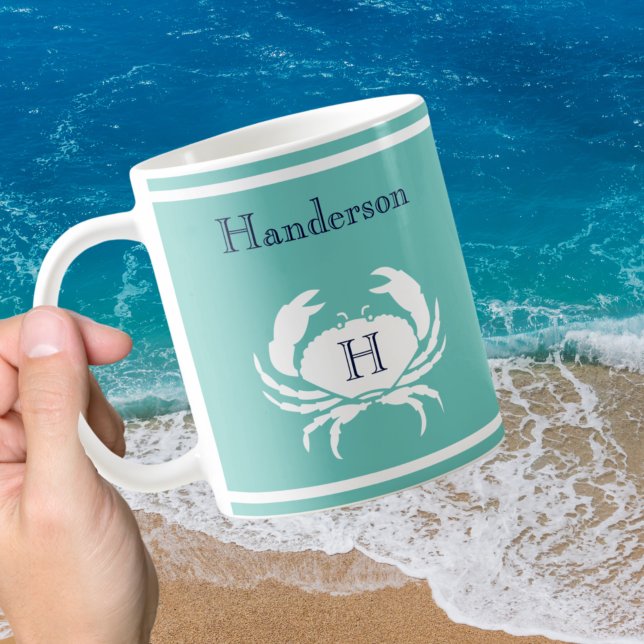 Taza De Café Monogramo de la marina Verde azulada Blue White Cr (Subido por el creador)