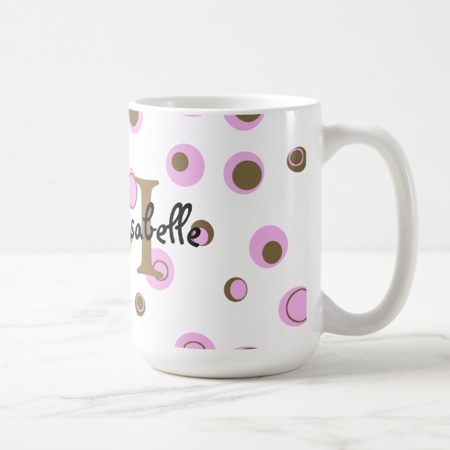 Taza De Café Monogramo de puntos de polka marrón rosa (Derecha)