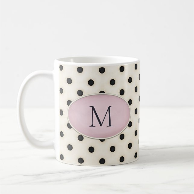 Taza De Café Monogramo de puntos de polka negro sobre ovario ro (Izquierda)