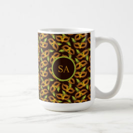 Taza De Café Monogramo Mardi Gras Máscara Dorada Plumas verdes