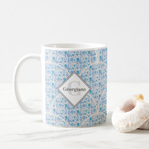 Taza De Café Monogramo Retro Florals Berry Blue Art Deco