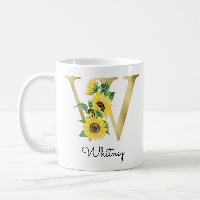 Taza De Café Monomograma de oro girasol Floral inicial W (Izquierda)