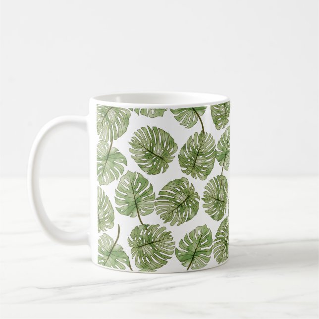 Taza De Café Monstera acuarela verde hojas tropicales sin mar (Izquierda)