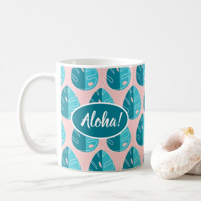 Taza De Café Monstera Leaves - Blue and Pink (Con donut)
