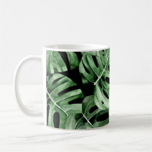 Taza De Café Monstera Oscura: Impresión de acuarela tropical.