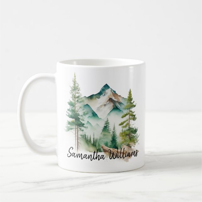 Taza De Café Montaña Acuarela Y Árboles Pinos (Izquierda)