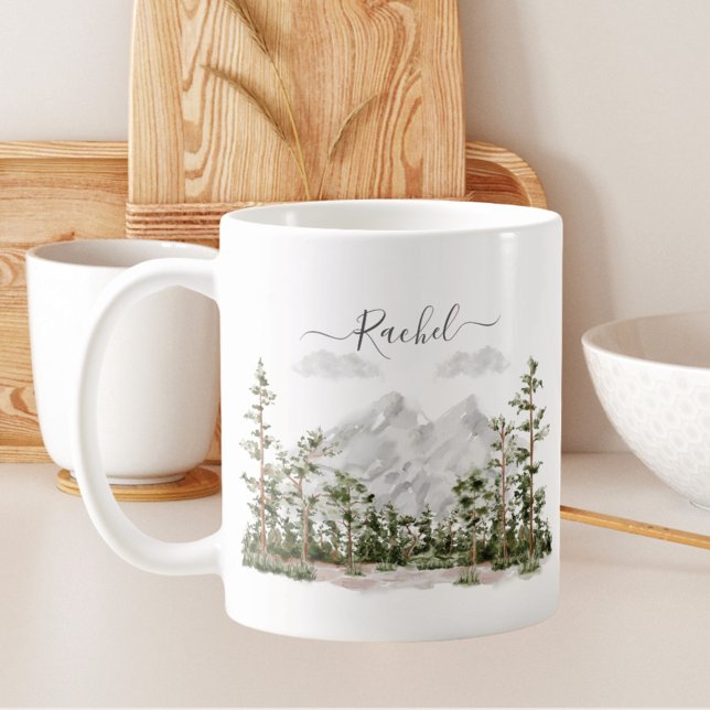 Taza De Café Montaña y bosque de acuarela monogramada (In situ kitchen)