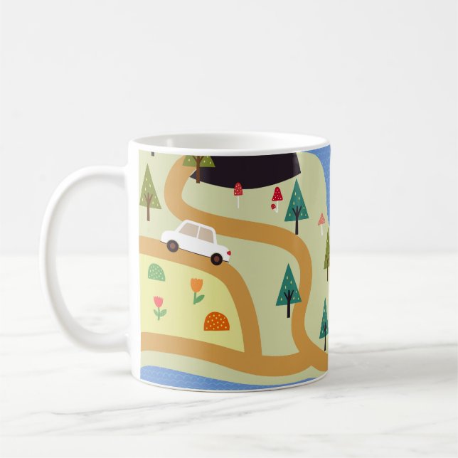 Taza De Café Montañas, ríos, bosque, patrón de autos. (Izquierda)
