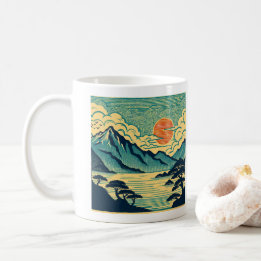 Taza De Café Montañas Teal de bloque de madera japonés Atardece