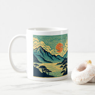 Taza De Café Montañas Teal de bloque de madera japonés Atardece