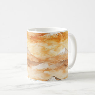 Taza De Café Monte Fuji al amanecer acuarela paisaje naranja