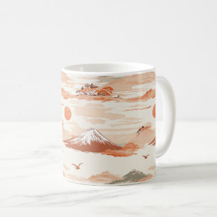 Taza De Café Monte Fuji Amanecer Dorado Patrón de Acuarela Japó
