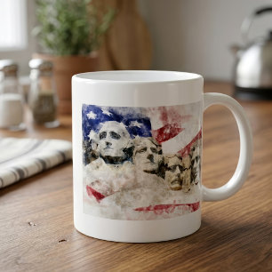 Taza De Café Monte Rushmore acuarela con bandera americana