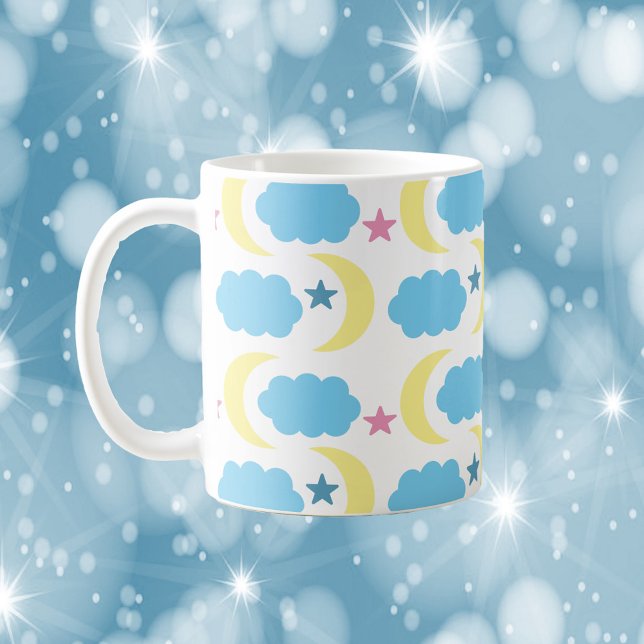 Taza De Café Moon Cloud Stars Pattern Yellow Blue (A cute mug with a pattern of clouds, stars and moons.)