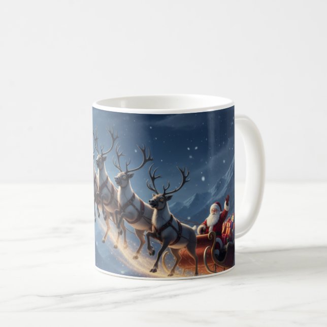 Taza De Café Moonlit Mountain Santa Reindeer Sleigh Christmas (Anverso derecho)
