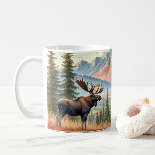 Taza De Café Moose en el paisaje montañoso del otoño (Con donut)