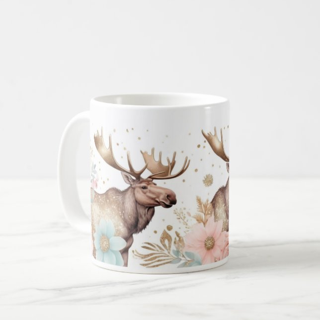 Taza De Café Moose majestuoso con acentos florales (Anverso izquierdo)