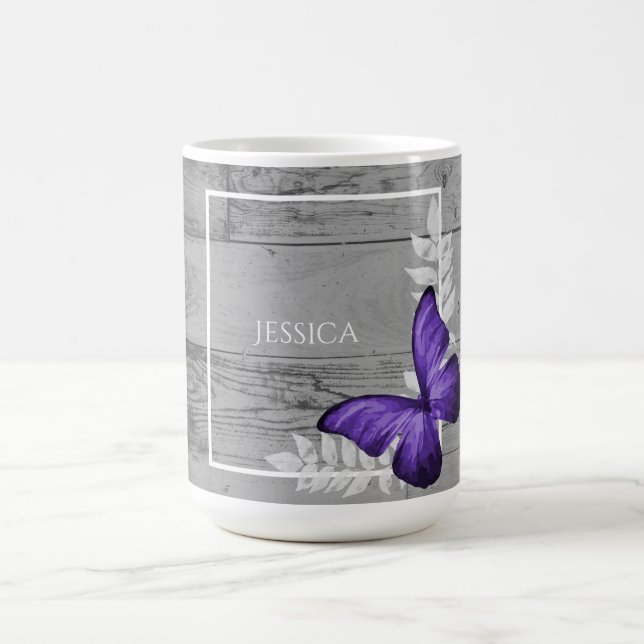Taza De Café Morado mariposa Rustic Coffee Mug (Centro)